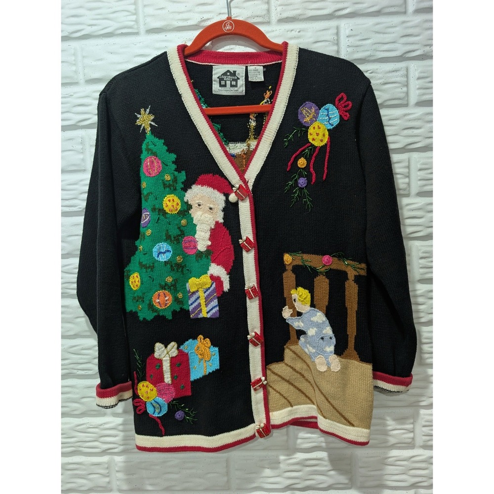 Vintage 90s Granny Ugly Christmas Cardigan Sweater Santa Tree Gift Buttons Small